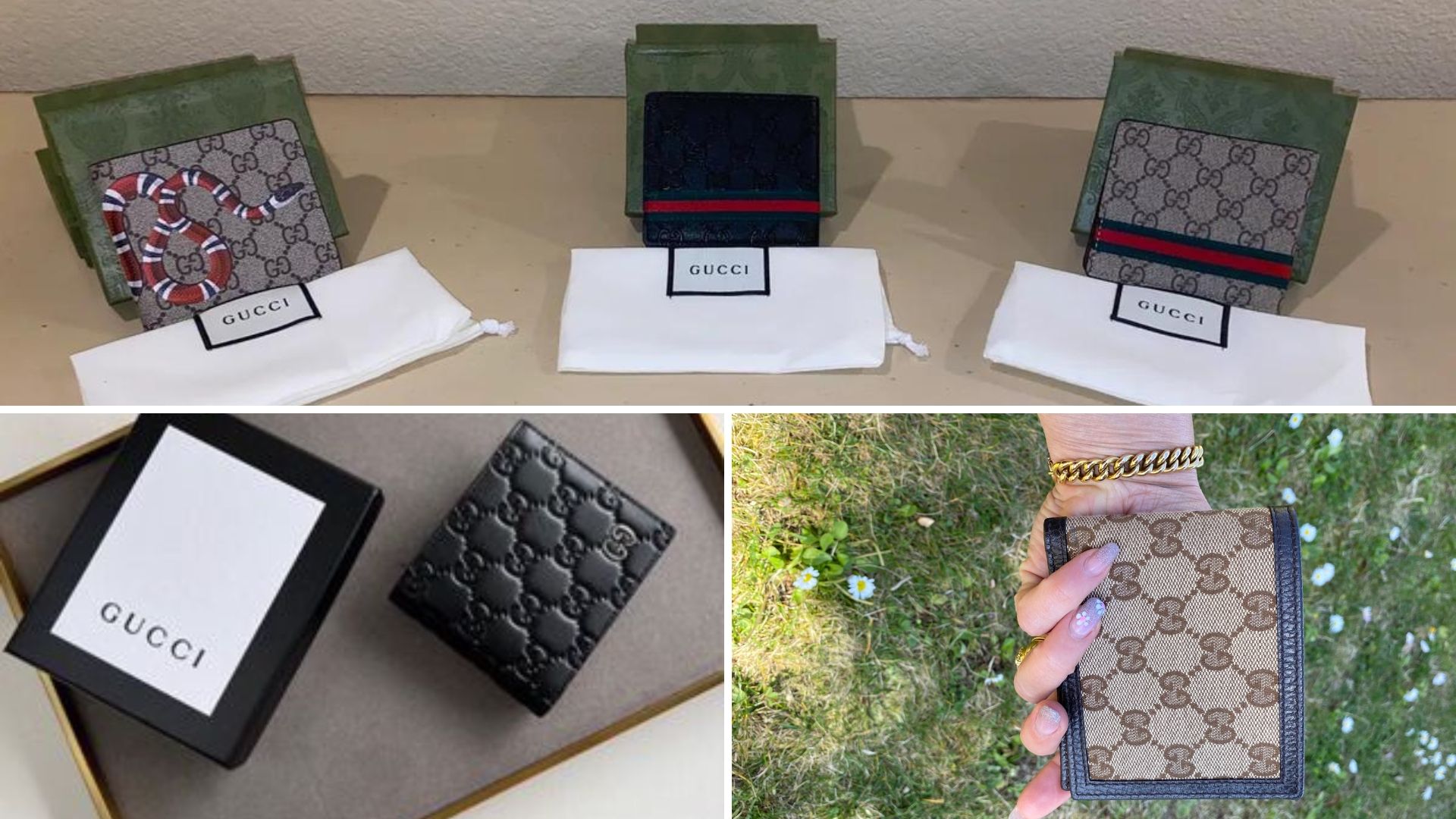 Different designs of Gucci wallet.