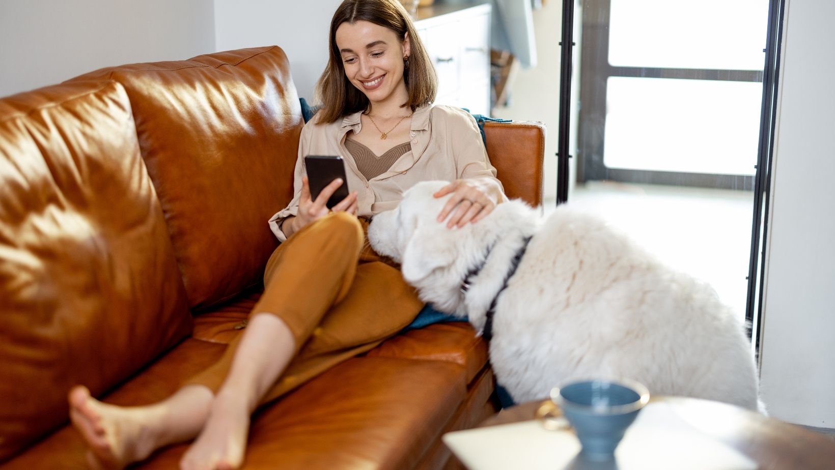A woman sited in a couch holding a dog