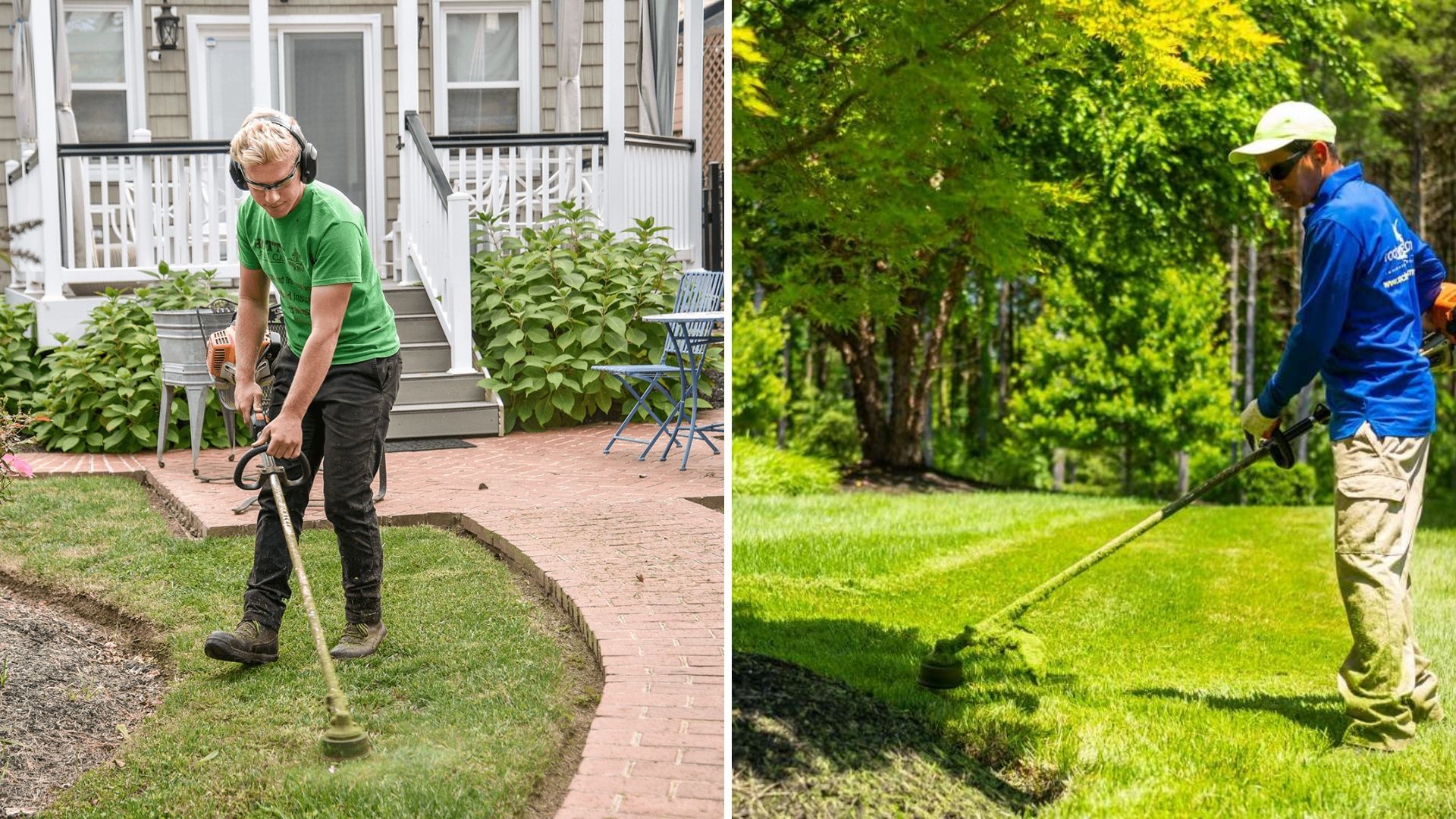 Two men landscaping lawns.