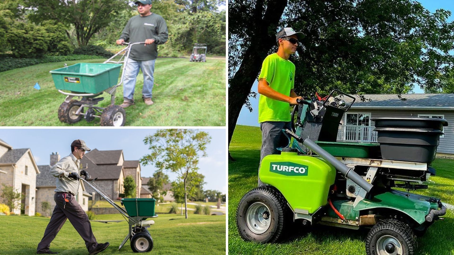 Three landscapers landscaping lawns using different machines.