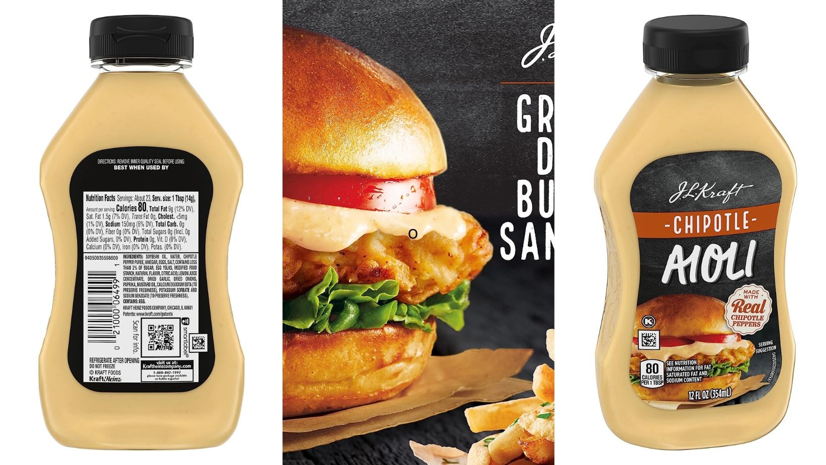 A picture of bottles of sauce and a sandwich.
