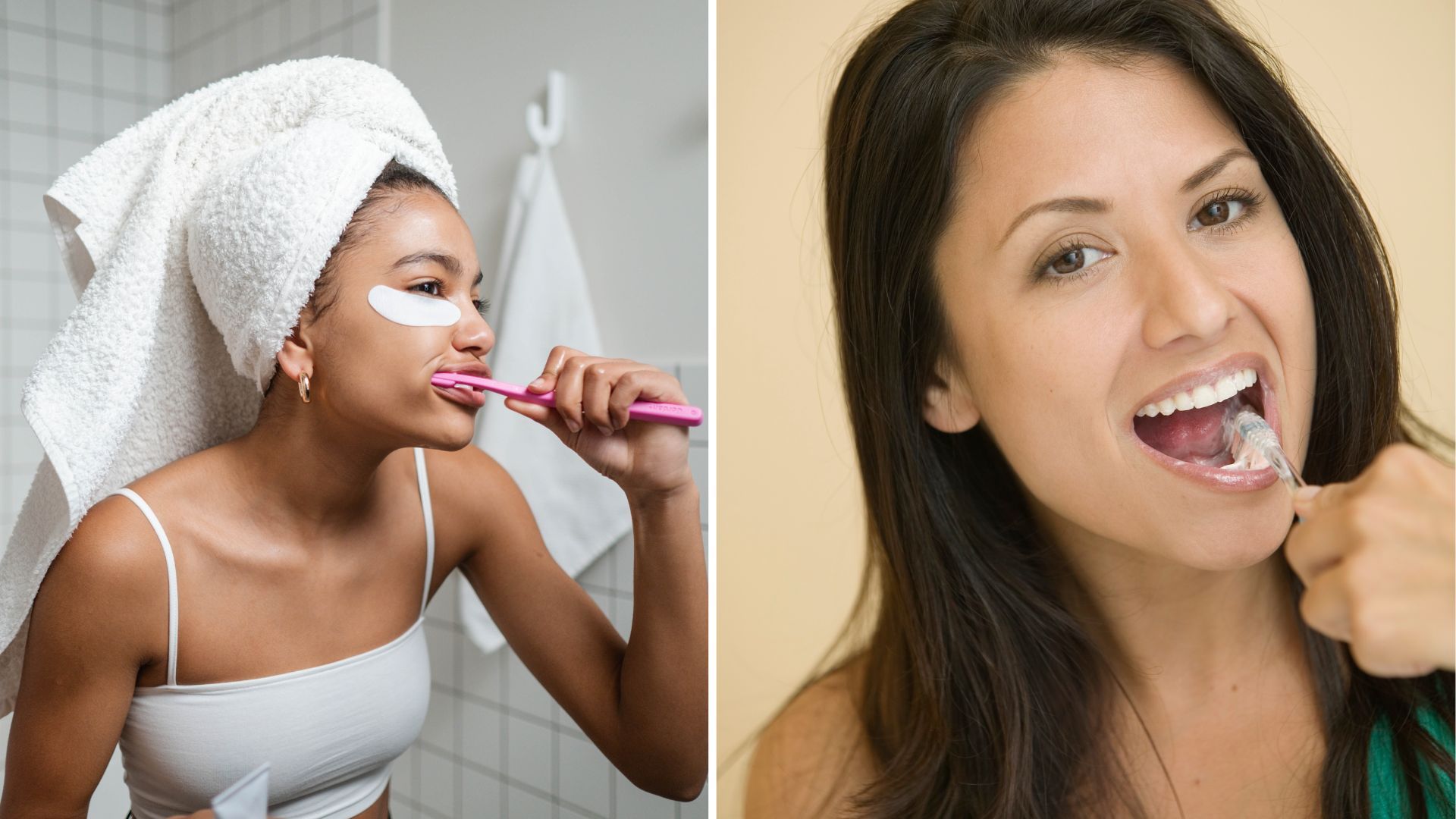 2 women brushing their teeth.