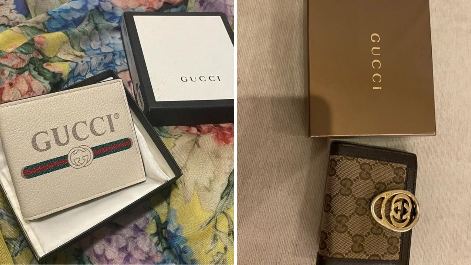 Two Gucci wallets unboxed.