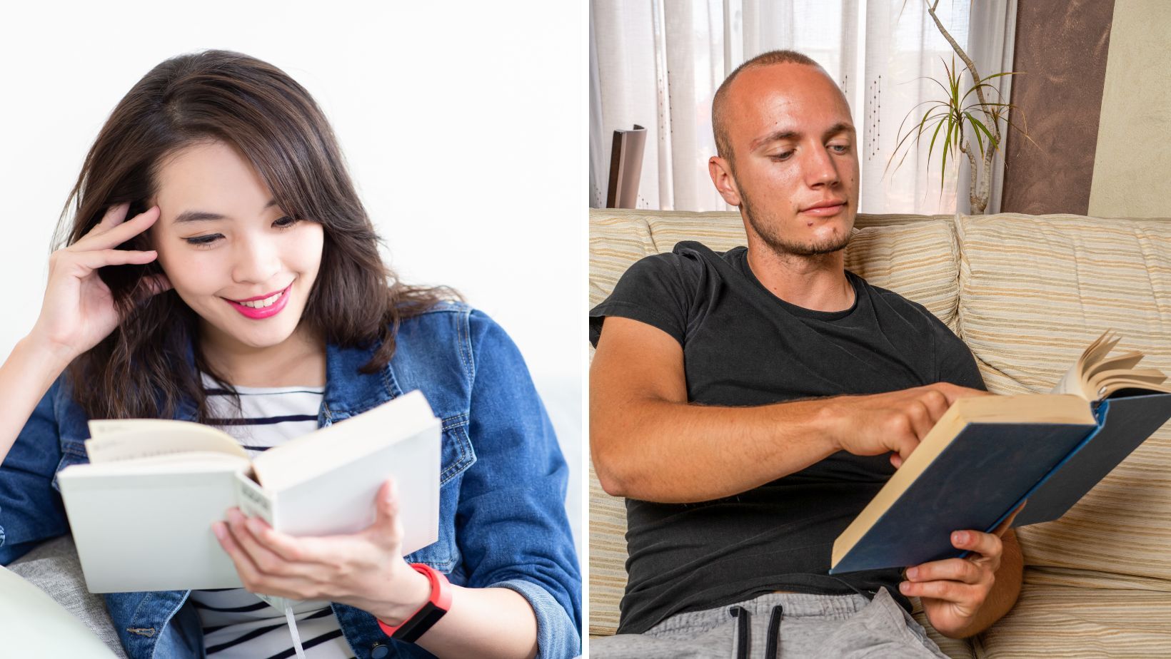 A woman and man reading books at home.
