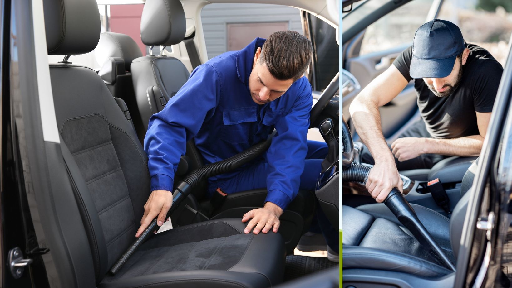 Men cleaning their cars while seated on car seats.