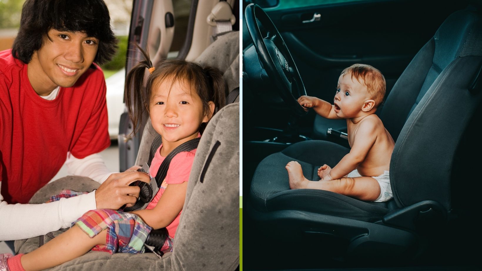 Two babies seated in different car seats.