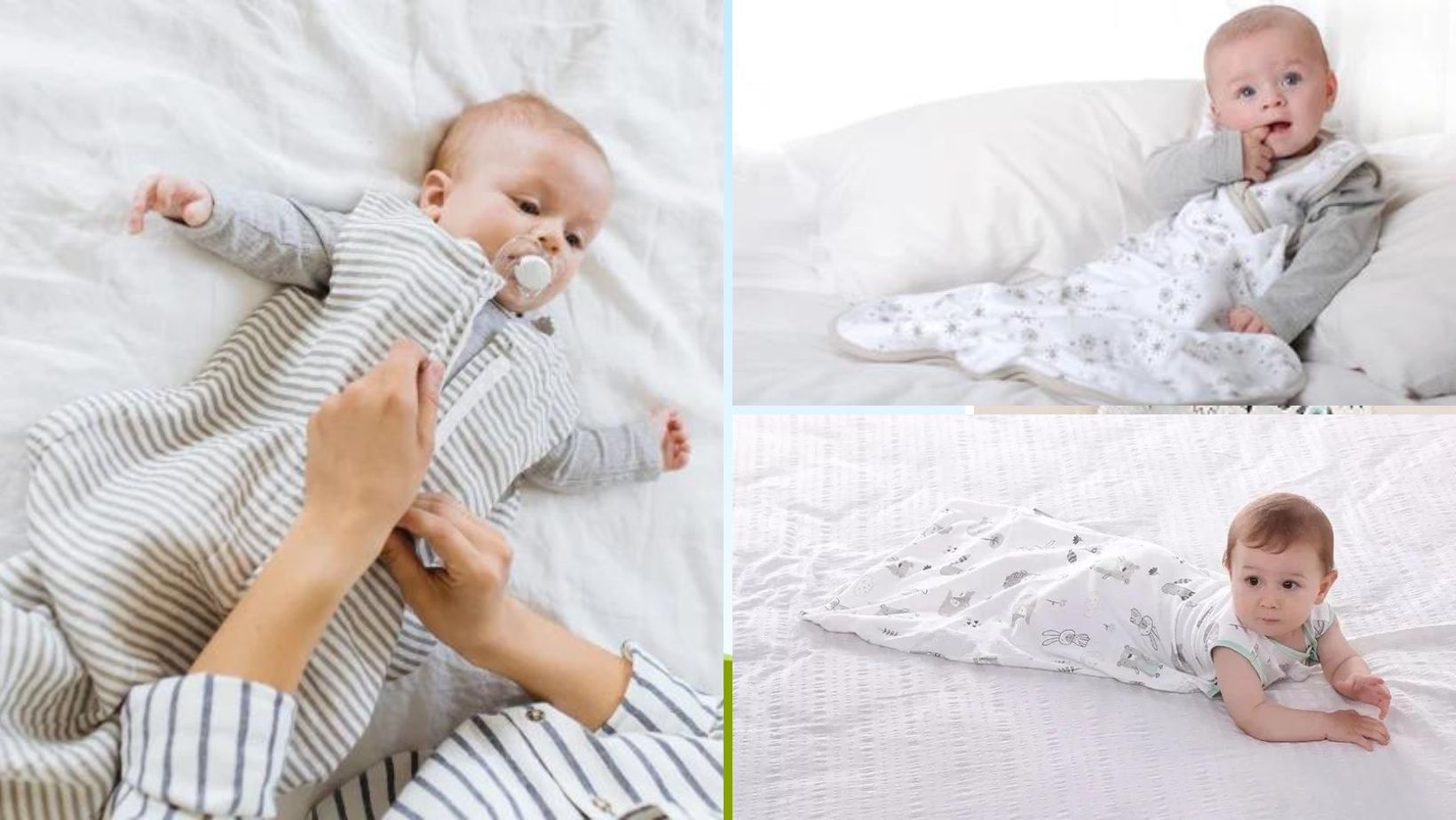 Different babies put in weighted sleep sacks.