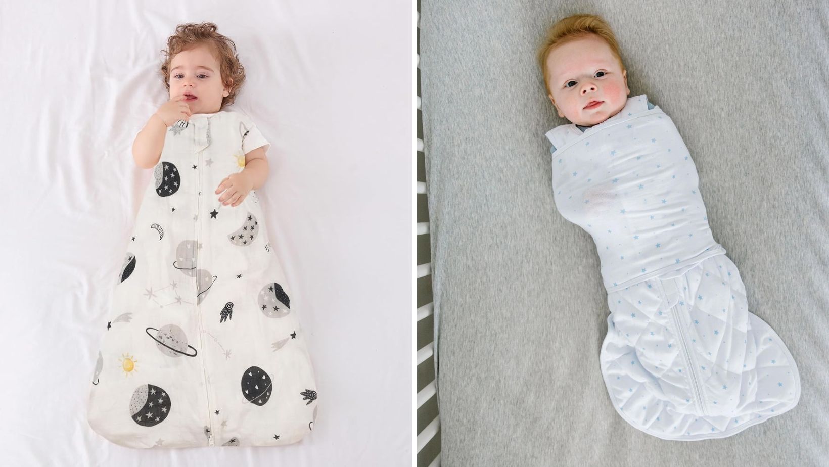 Two babies wrapped in different sleep sacks.