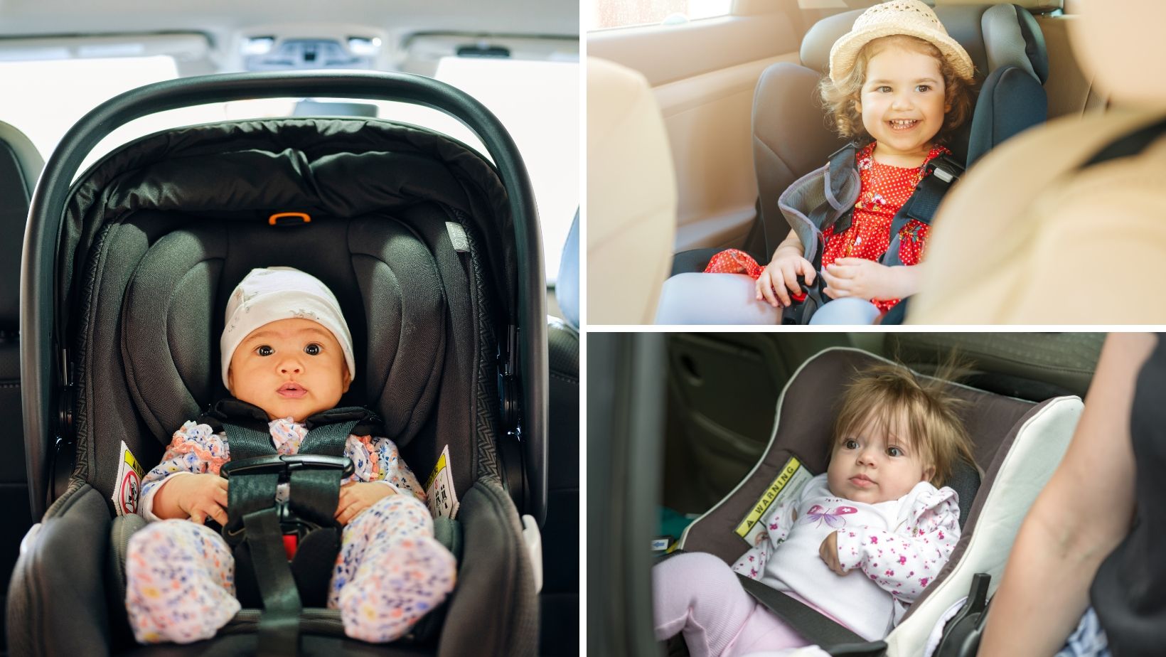 Three babies seated in different baby car seats.