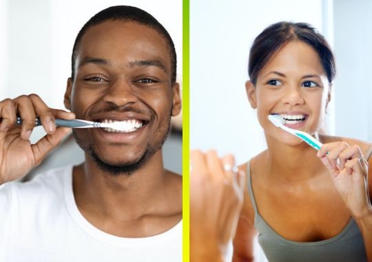 A man and a woman brushing their teeth.