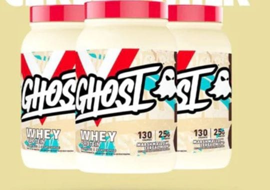Bottles of Ghost protein powder.