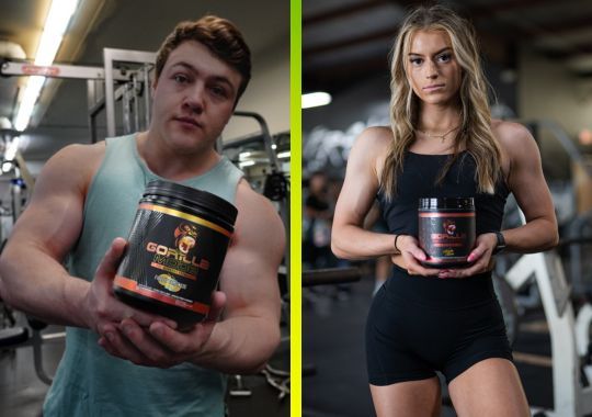 A man and a woman with Gorilla Mode supplements.