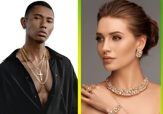 A man and a woman wearing jewelry.