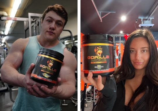 A man and woman holding Gorilla Mode pre workout supplement.