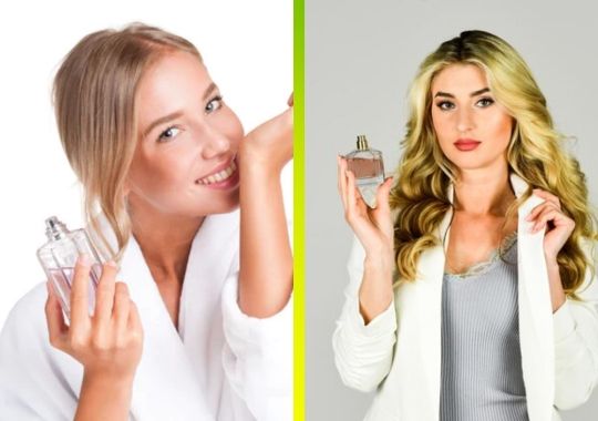 Two women holding different perfumes.