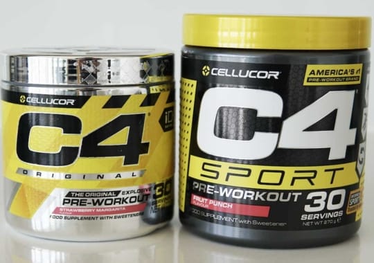 Bottles of c4 original and c4 sport pre-workout.
