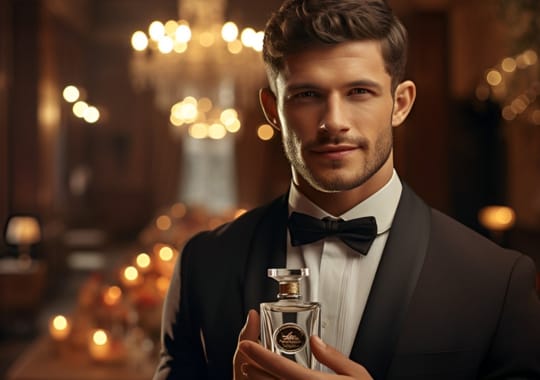 A man holding a bottle of perfume.