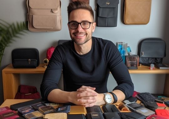 A man in a wallet store sitting while wallets on the table.