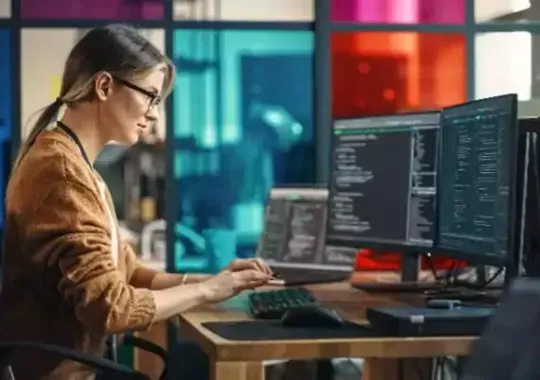 A woman practicing software engineering skills.